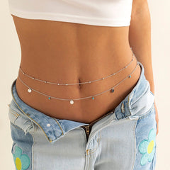 Dainty Layered Turquoise Sequins Tassel Saturn Belly Chain Set