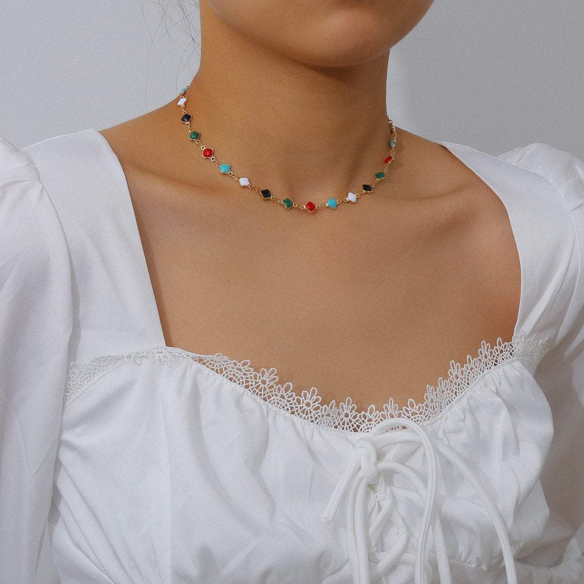 Dainty Multi-color Enamel Floral Charm Choker Necklace