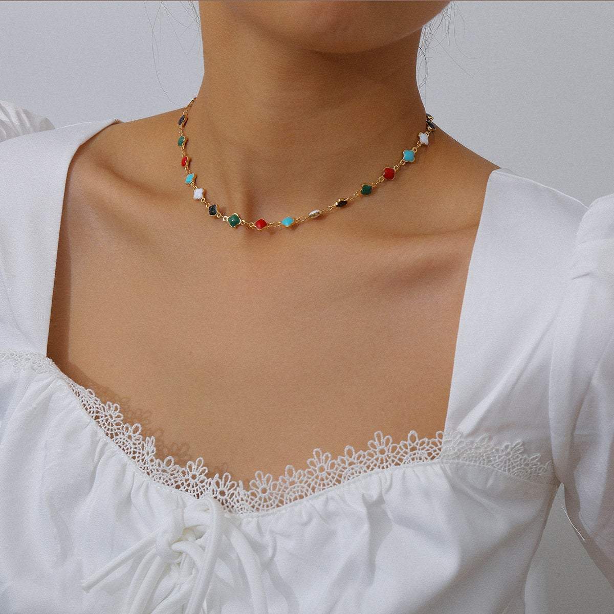 Dainty Multi-color Enamel Floral Charm Choker Necklace