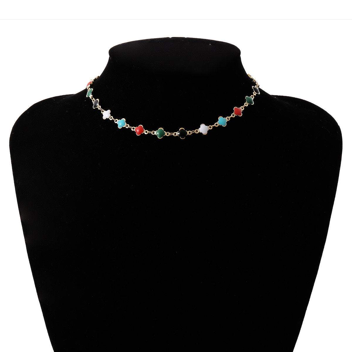 Dainty Multi-color Enamel Floral Charm Choker Necklace