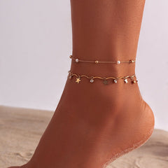 Dainty Pearl Charm Crystal Star Tassel Anklet Set