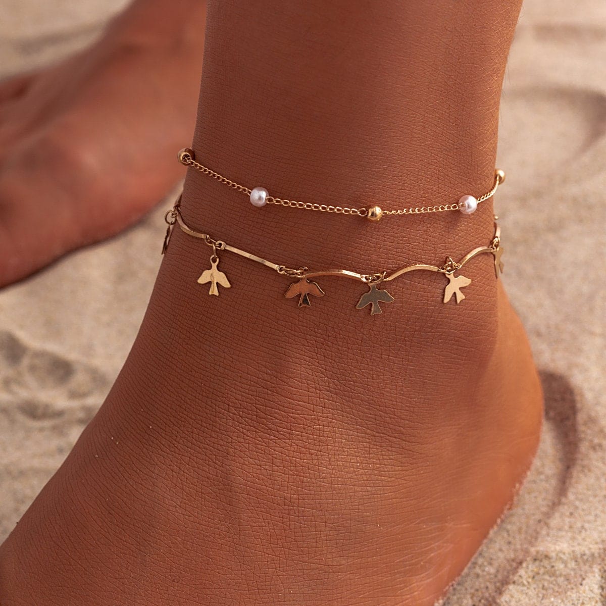 Dainty Pearl Charm Dove Tassel Anklet Set