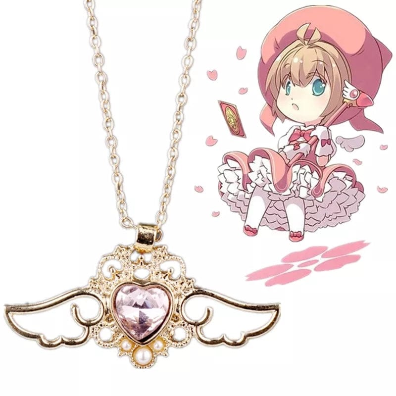 Dainty Pearl Inlaid Colorful Crystal Angel Heart Wings Necklace