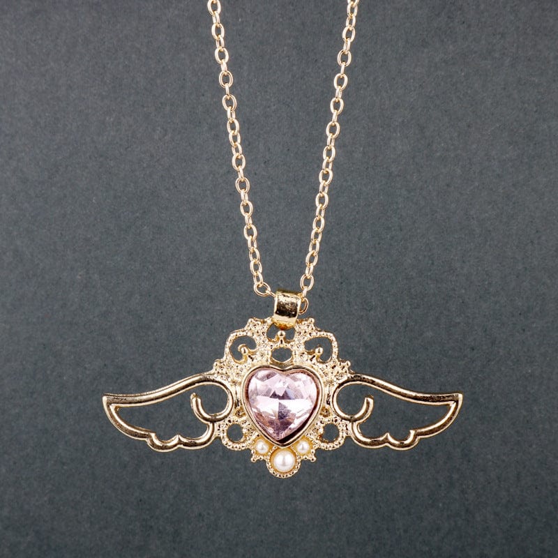 Dainty Pearl Inlaid Colorful Crystal Angel Heart Wings Necklace