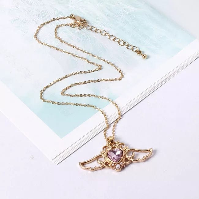 Dainty Pearl Inlaid Colorful Crystal Angel Heart Wings Necklace