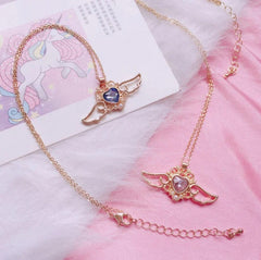 Dainty Pearl Inlaid Colorful Crystal Angel Heart Wings Necklace