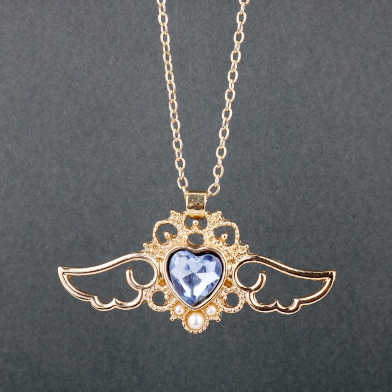 Dainty Pearl Inlaid Colorful Crystal Angel Heart Wings Necklace