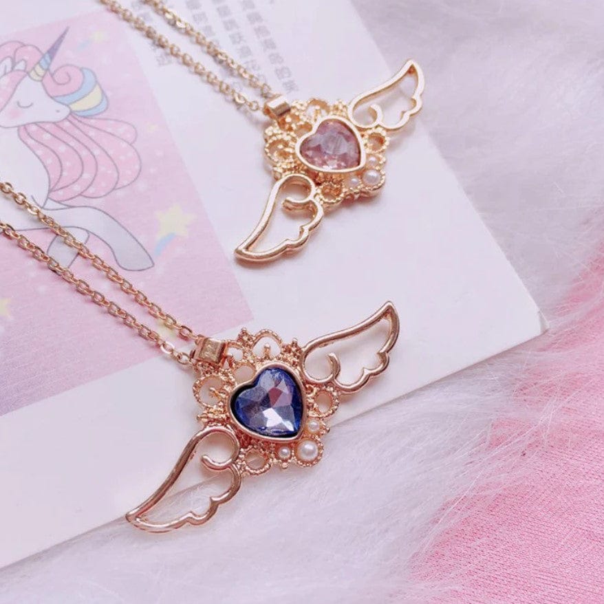 Dainty Pearl Inlaid Colorful Crystal Angel Heart Wings Necklace