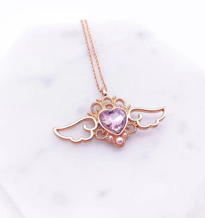 Dainty Pearl Inlaid Colorful Crystal Angel Heart Wings Necklace