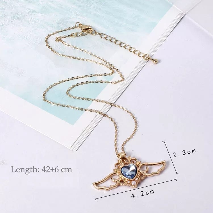 Dainty Pearl Inlaid Colorful Crystal Angel Heart Wings Necklace