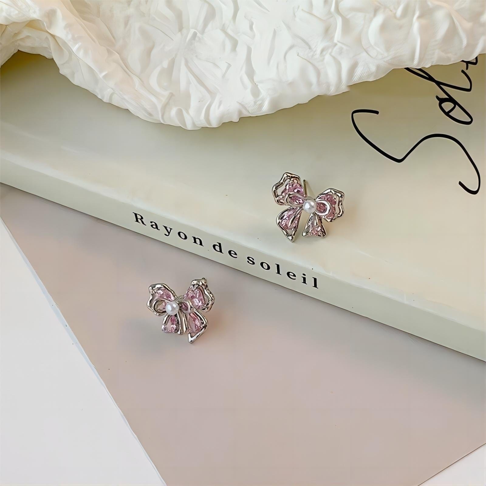 Dainty Pink Crystal Bowknot Pearl Earrings