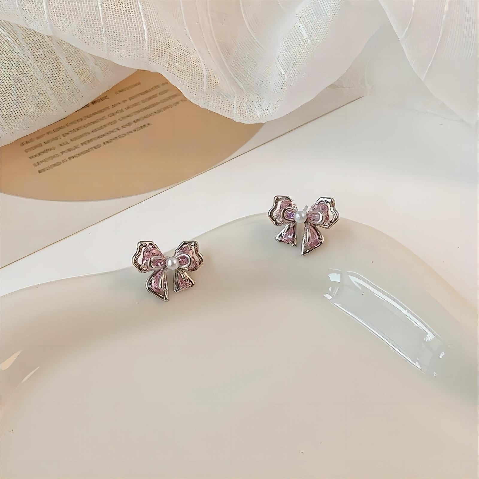 Dainty Pink Crystal Bowknot Pearl Earrings