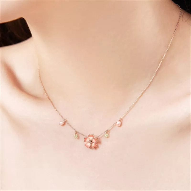 Dainty Pink Crystal Flower Charm Necklace