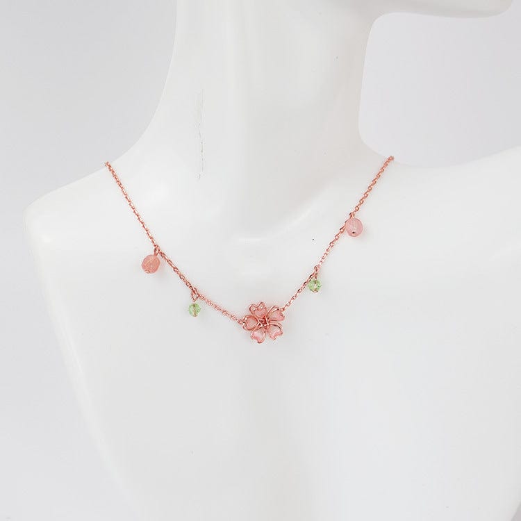 Dainty Pink Crystal Flower Charm Necklace