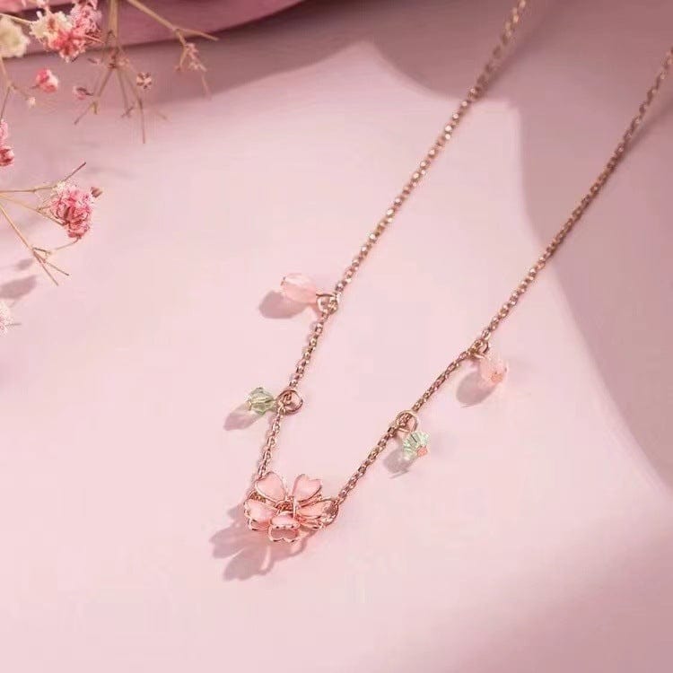 Dainty Pink Crystal Flower Charm Necklace