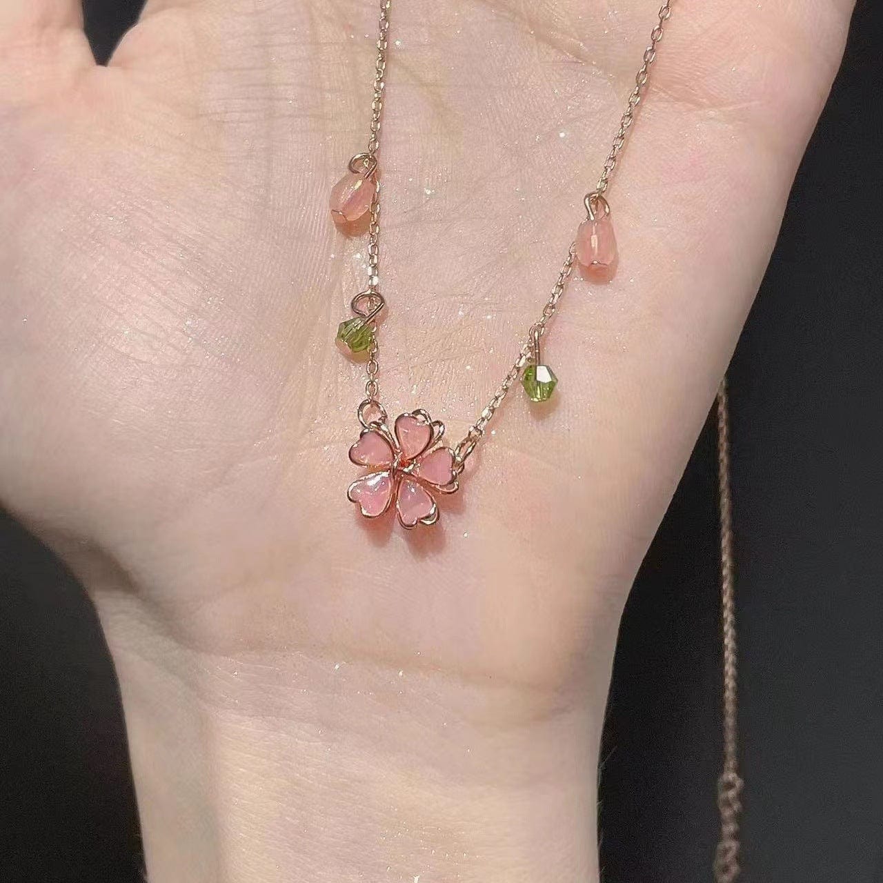 Dainty Pink Crystal Flower Charm Necklace