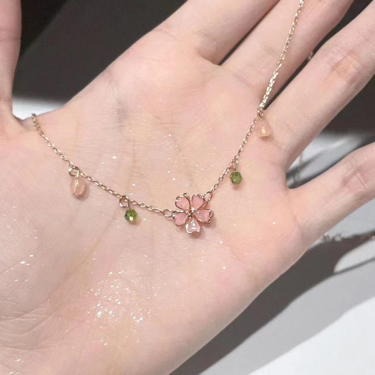 Dainty Pink Crystal Flower Charm Necklace