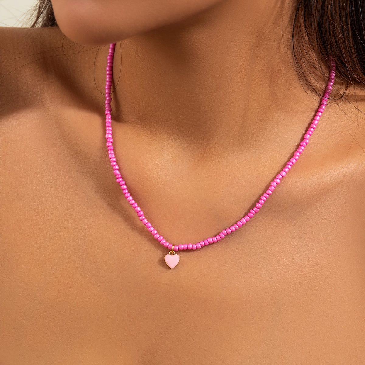 Dainty Pink Heart Pendant Seed Beaded Necklace