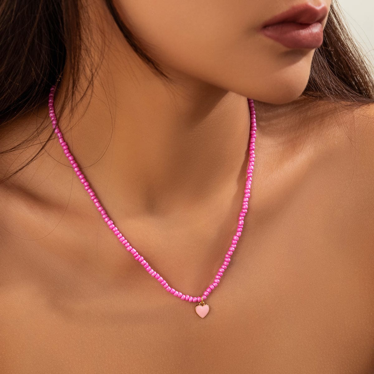 Dainty Pink Heart Pendant Seed Beaded Necklace