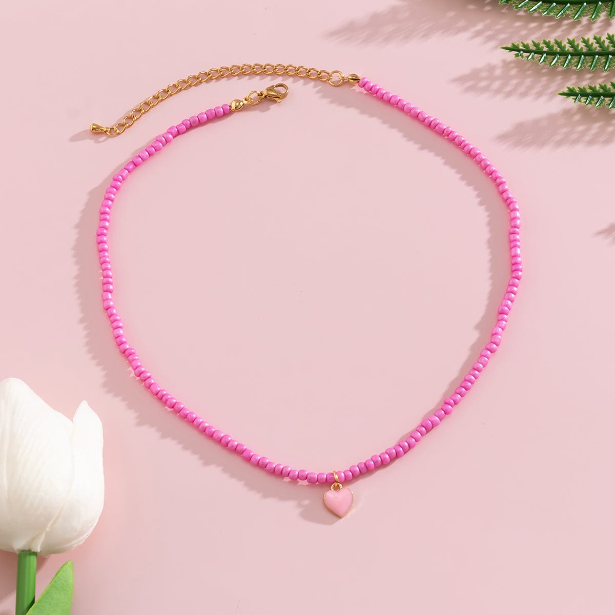 Dainty Pink Heart Pendant Seed Beaded Necklace