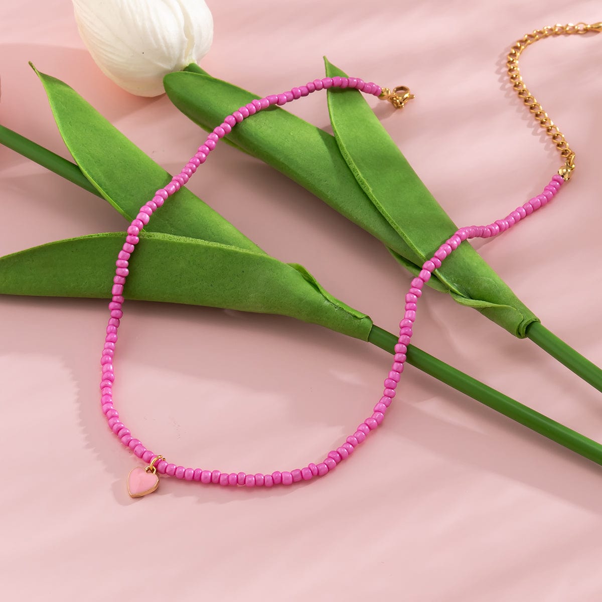 Dainty Pink Heart Pendant Seed Beaded Necklace