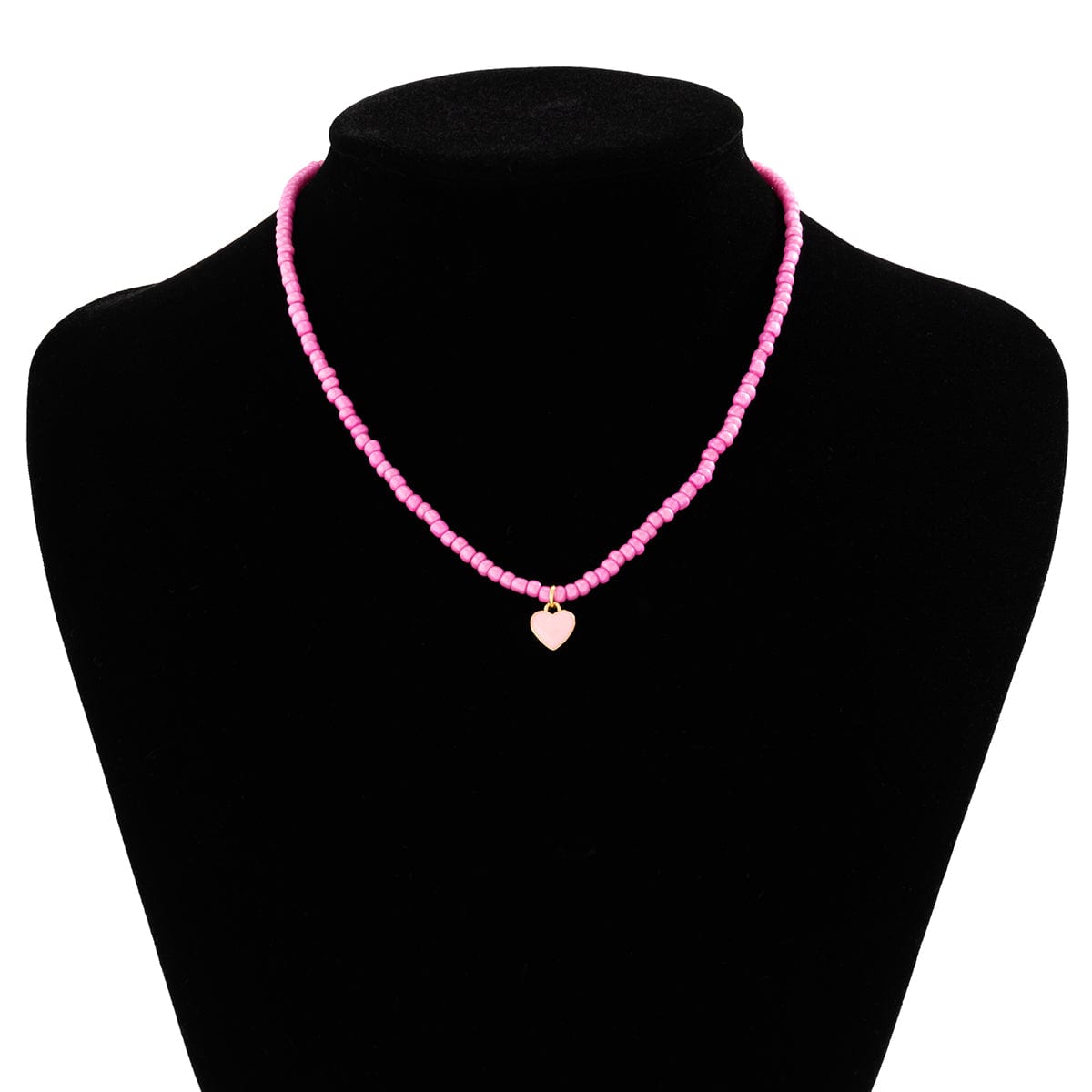 Dainty Pink Heart Pendant Seed Beaded Necklace