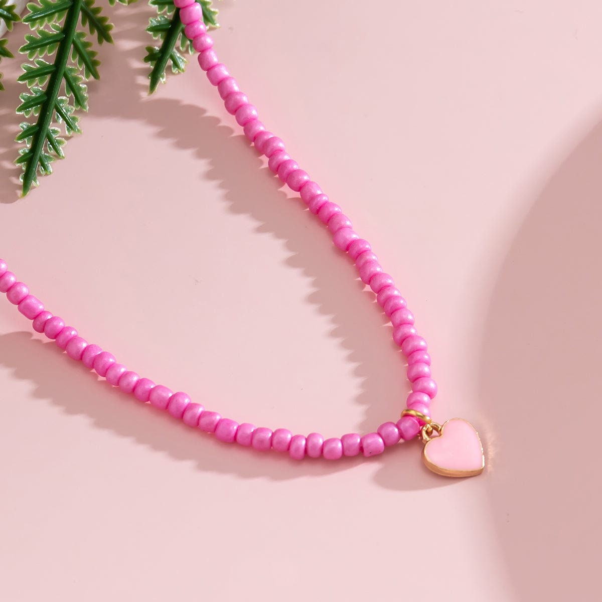 Dainty Pink Heart Pendant Seed Beaded Necklace