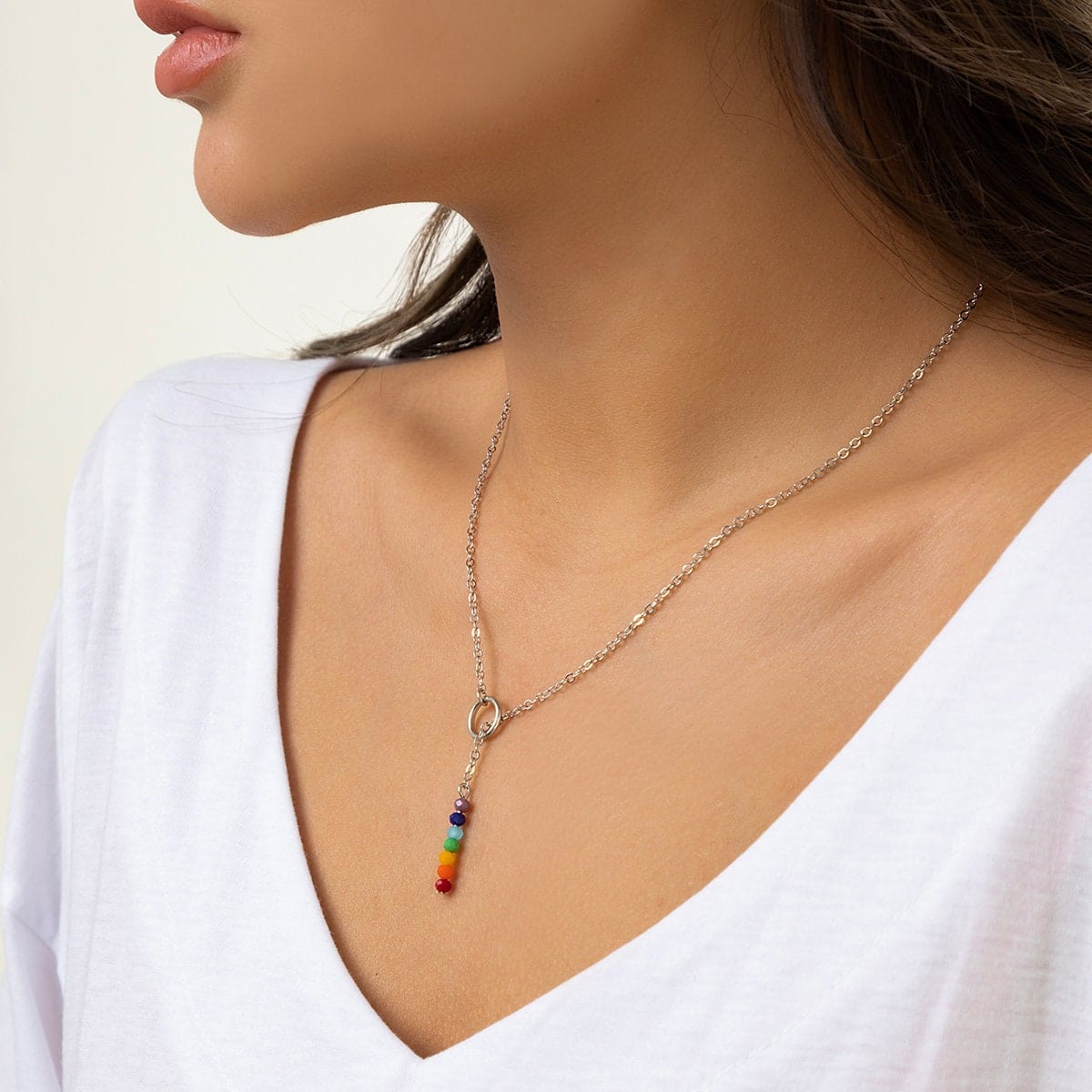 Dainty Rainbow Beaded Crystal Y Necklace