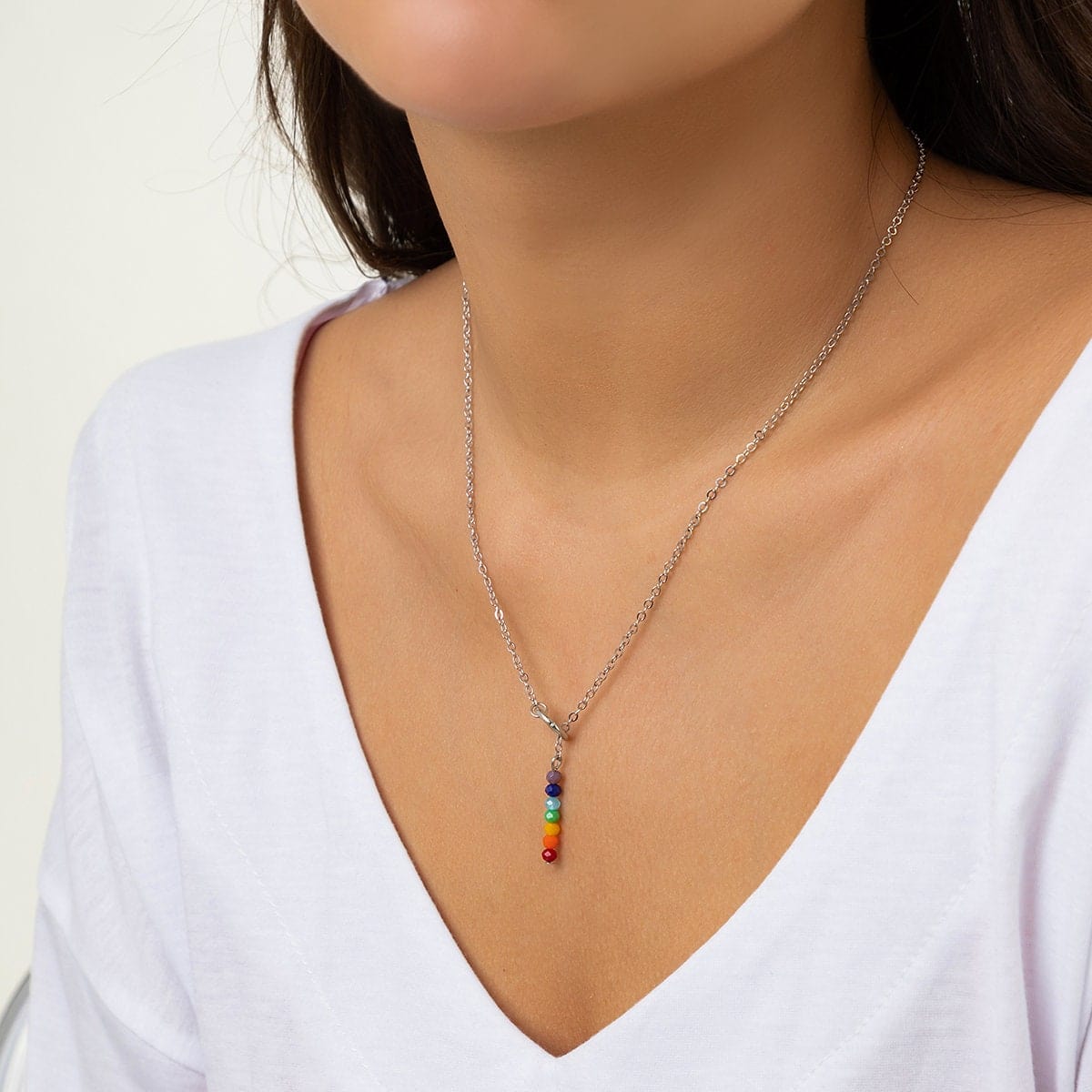 Dainty Rainbow Beaded Crystal Y Necklace