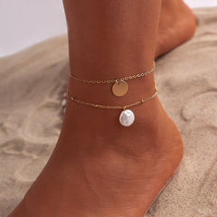 Dainty Sequin Pearl Charm Cable Saturn Chain Stackable Anklet Set