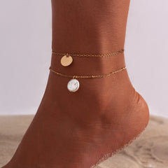 Dainty Sequin Pearl Charm Cable Saturn Chain Stackable Anklet Set