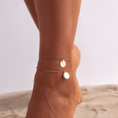 Dainty Sequin Pearl Charm Cable Saturn Chain Stackable Anklet Set