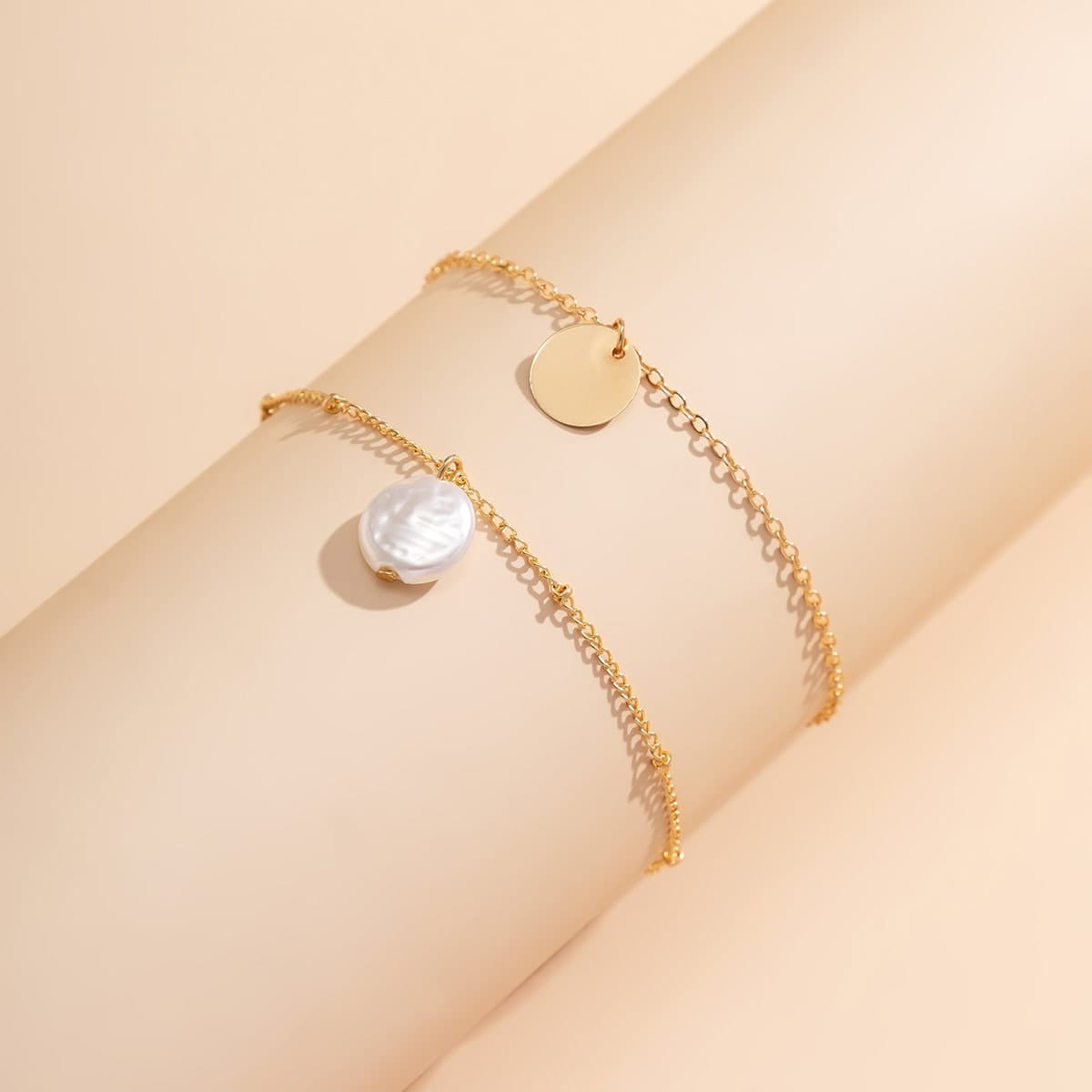 Dainty Sequin Pearl Charm Cable Saturn Chain Stackable Anklet Set