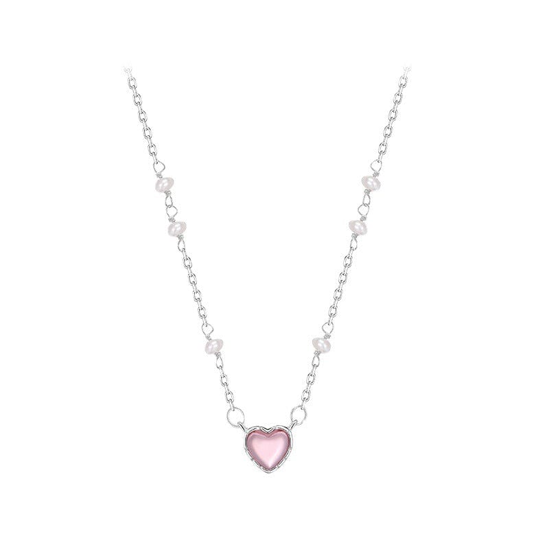 Dainty Sterling Silver Pearl Charm Heart Necklace