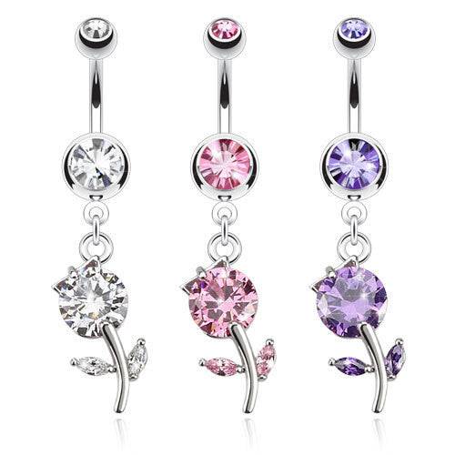 Dangling Stem Flower with Prong Set Gem Belly Ring