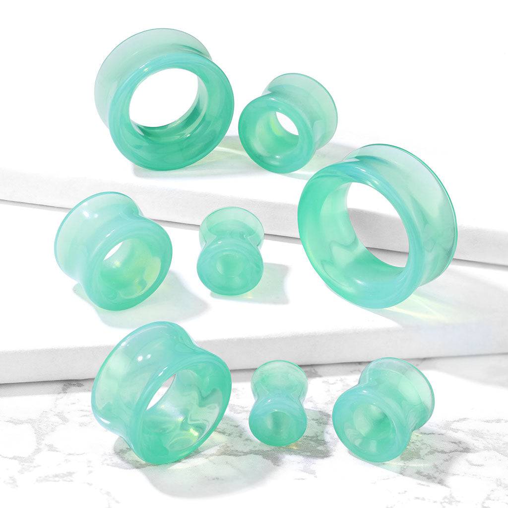 Double Flared Green Opalite Glass Ear Gauges Tunnels