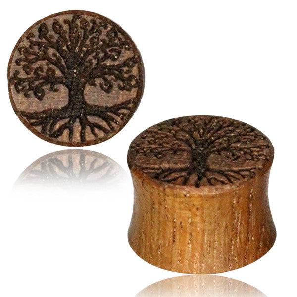 Double Flared Teak Wood Tree of Life Laser Engraved Wood Plugs