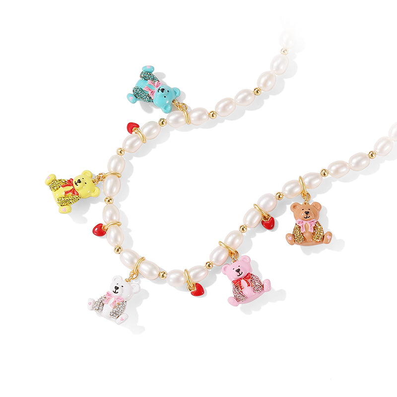 18K Bears Pearl Enamel Necklace