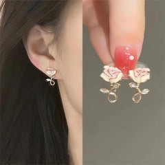 Enamel Pink Rose Ear Clip Earrings