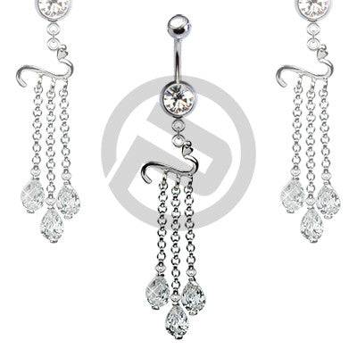 Fancy Clear CZ 3 Drop Chain Dangle Belly Button Navel Ring