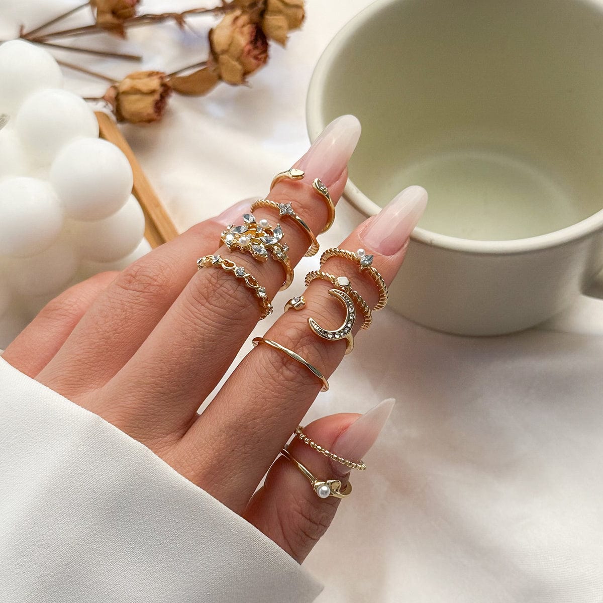 Geometric 10 Pieces CZ Pearl Inlaid Rings Set