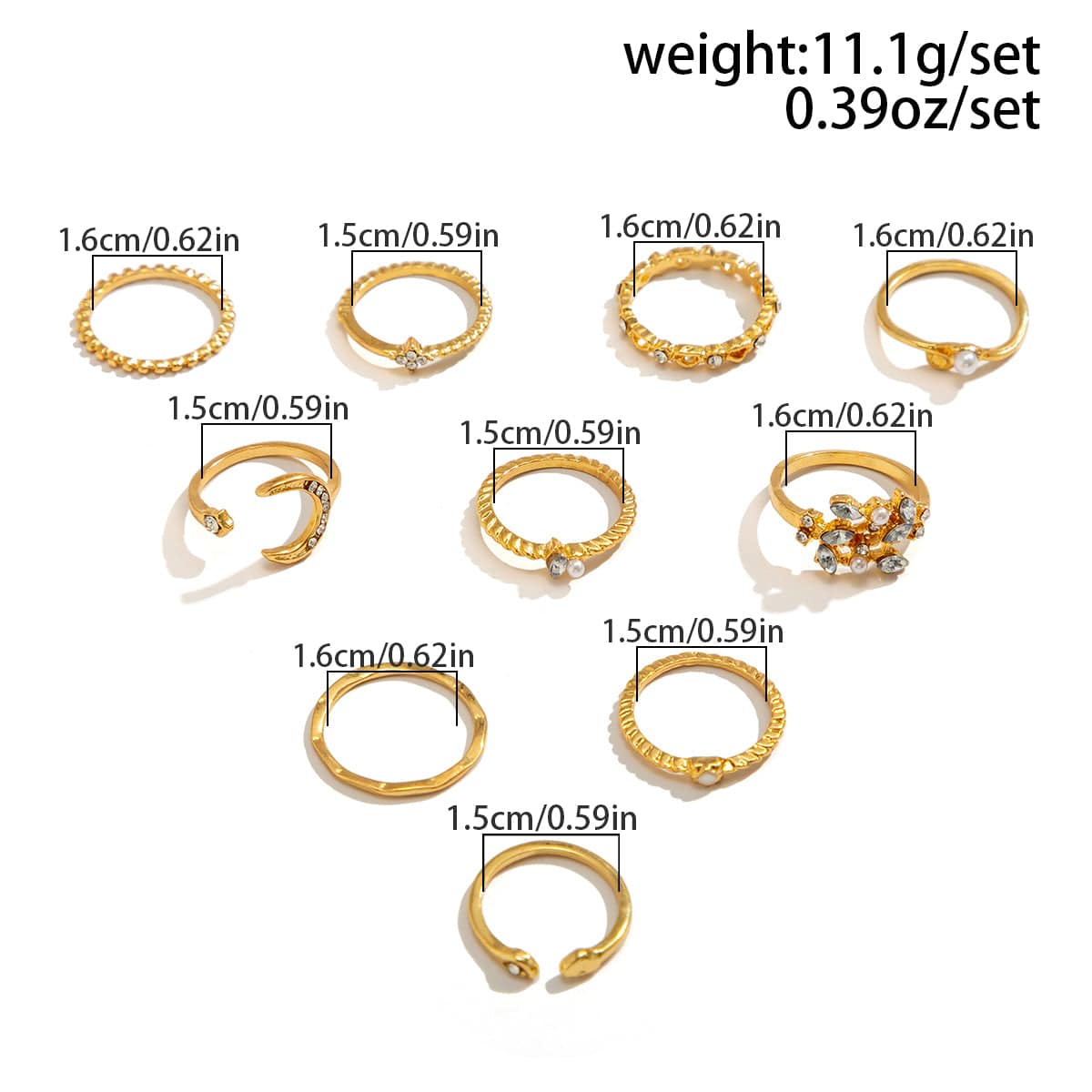 Geometric 10 Pieces CZ Pearl Inlaid Rings Set