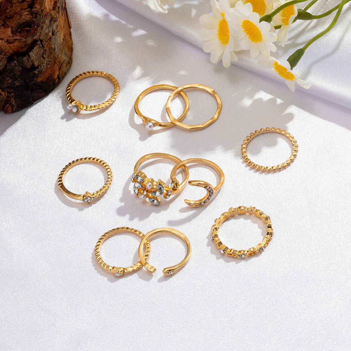 Geometric 10 Pieces CZ Pearl Inlaid Rings Set