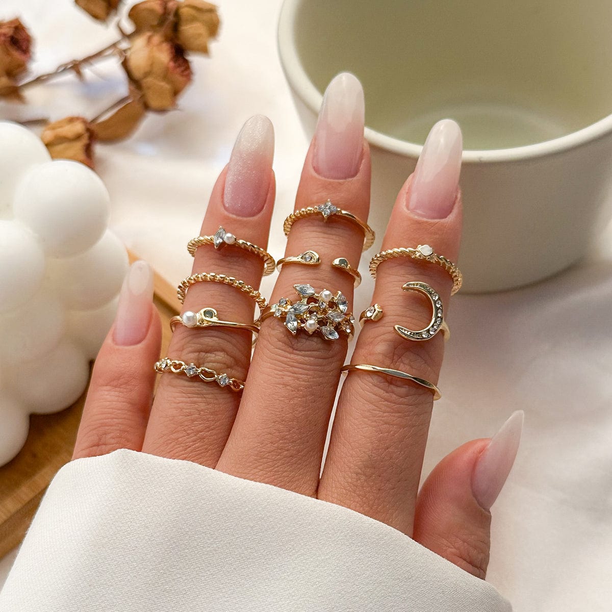 Geometric 10 Pieces CZ Pearl Inlaid Rings Set