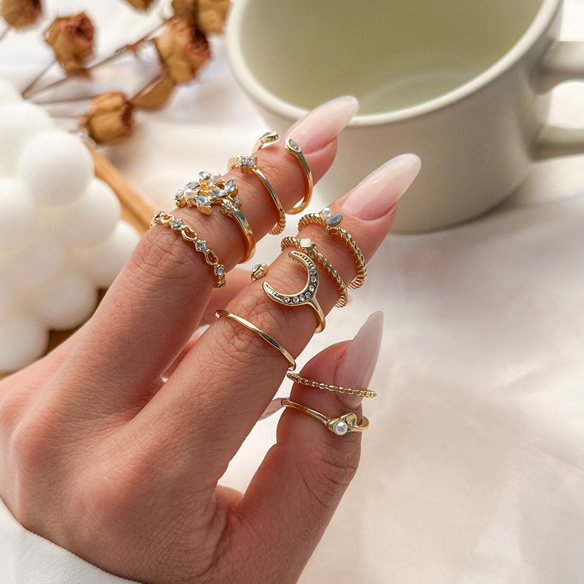 Geometric 10 Pieces CZ Pearl Inlaid Rings Set