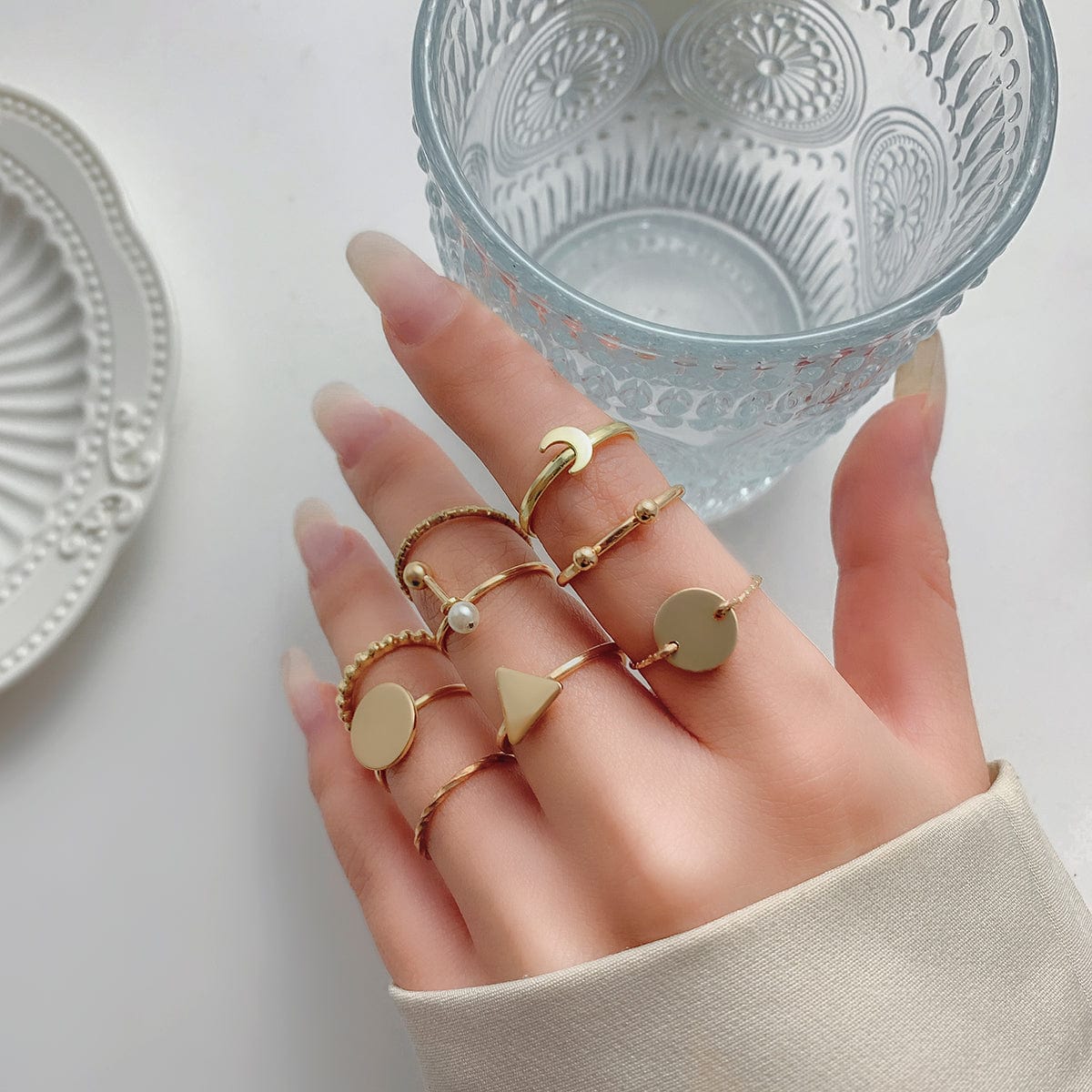 Geometric 9 Pieces Metallic Rings Set