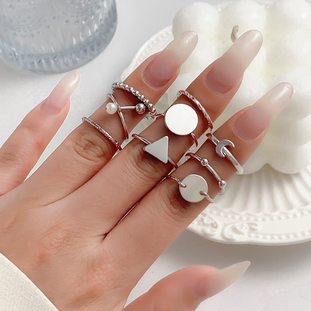 Geometric 9 Pieces Metallic Rings Set