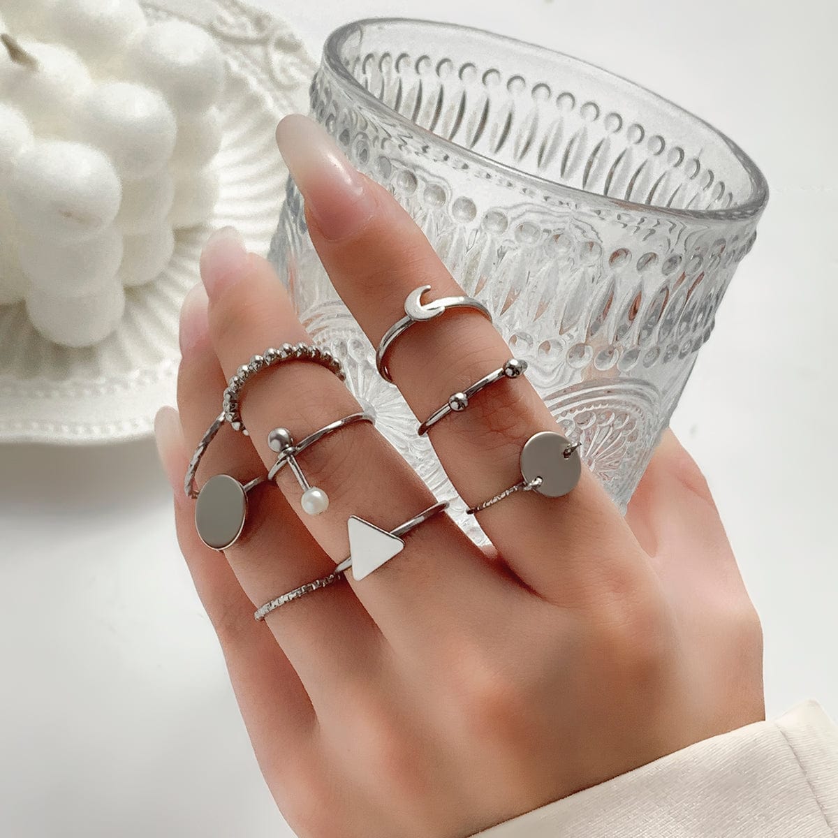 Geometric 9 Pieces Metallic Rings Set