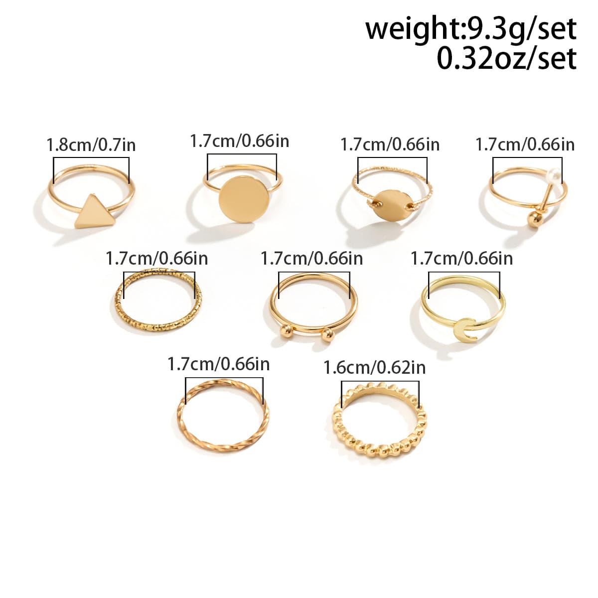 Geometric 9 Pieces Metallic Rings Set