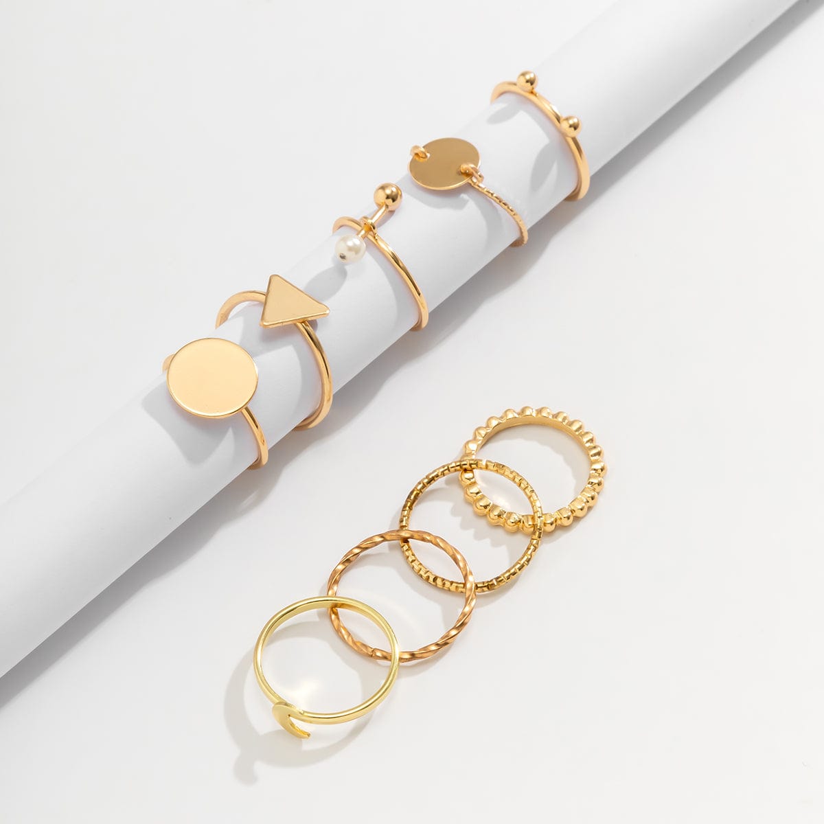 Geometric 9 Pieces Metallic Rings Set